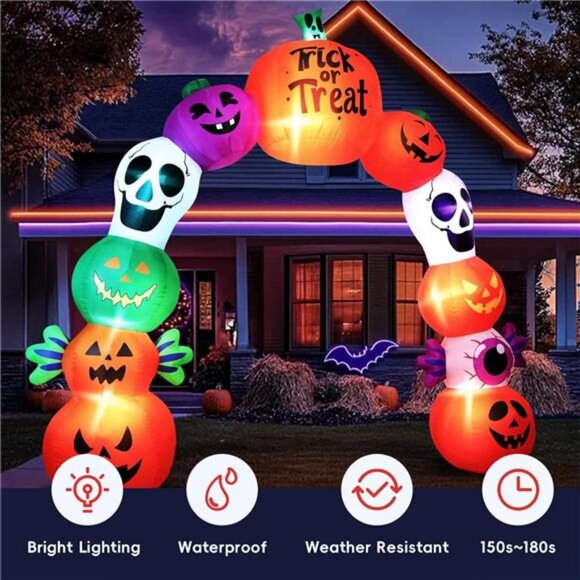 10FT Halloween Inflatables Pumpkin Skeleton Archway with Built-in LED Lights – - Picture 5 of 7